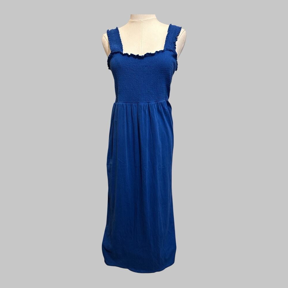Old Navy Smocked Sapphire Blue Ruffle Straps Pockets Midi Dress Beachy Coastal L